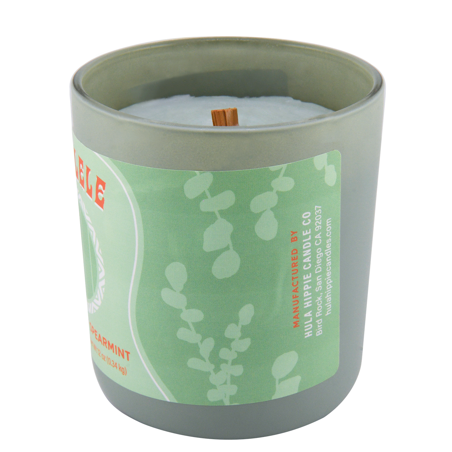 Right-side view of Eukalele candle inside of a green jar scented with eucalyptus and spearmint