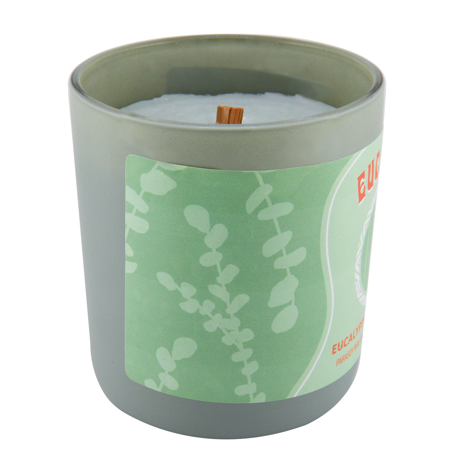 Left-side view of Eukalele candle inside of a green jar scented with eucalyptus and spearmint