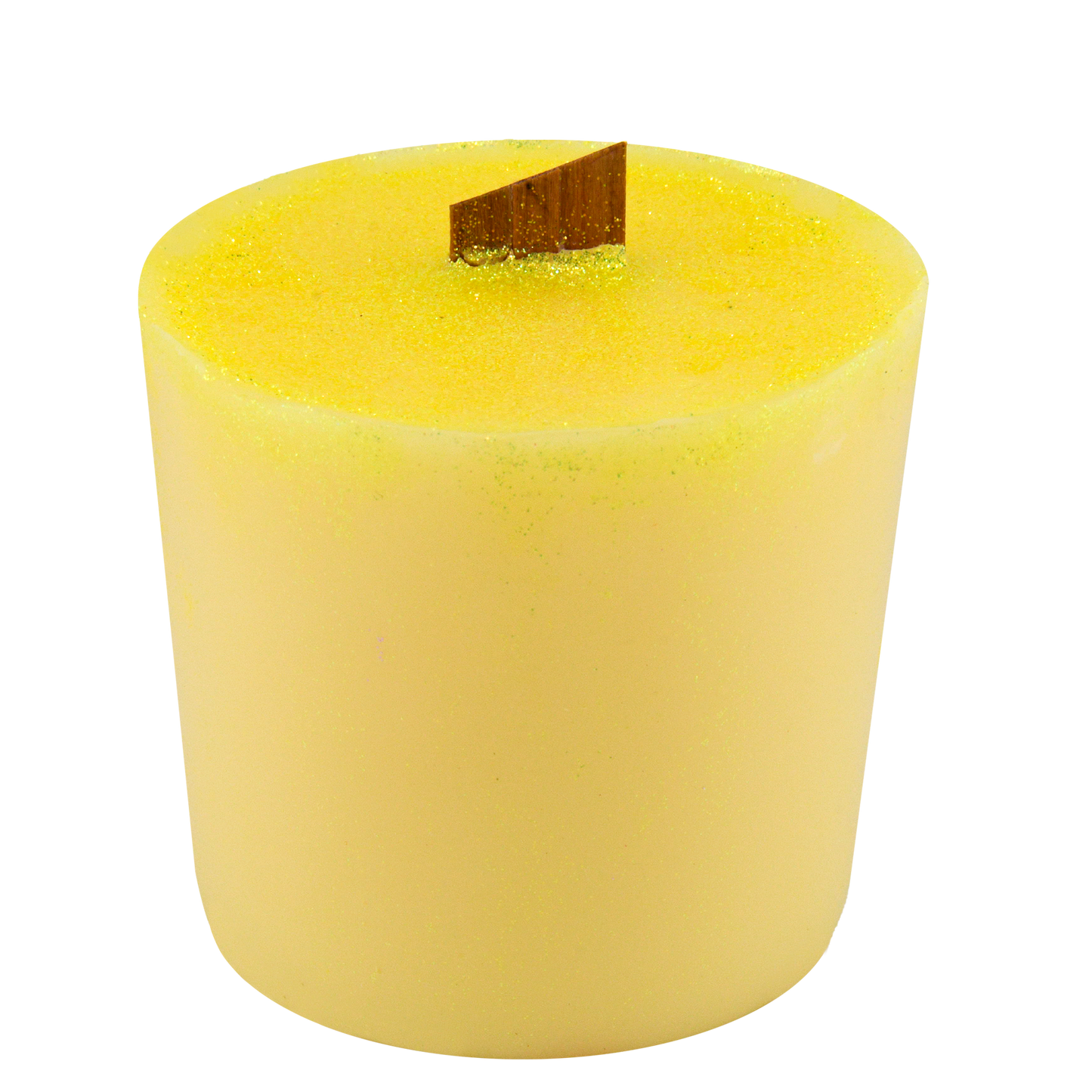 Side view of Grass Skirt wick slip—yellow and glitter refill insert scented with lemon grass essential oil