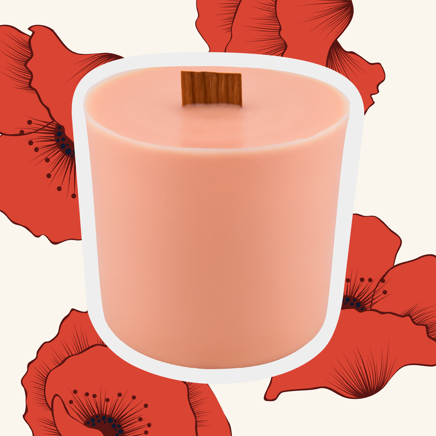 peach-colored "Poppy" wick slip with a thick white outline in front of a poppy patterned background