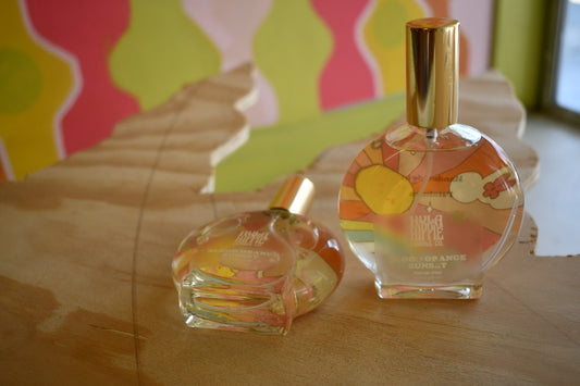 Sunny shot of a round perfume glass bottle with a reversed image seen through bottle of multi colored sunshine with a bit of beach. 100ml bottle