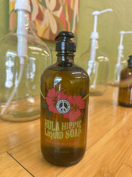 16oz liquid soap pump-able soap with a hibiscus logo from hula hippie candle co. Scented with Blood orange, grapefruit, cedar. Used as a body wash, bubble bath, hand soap. 