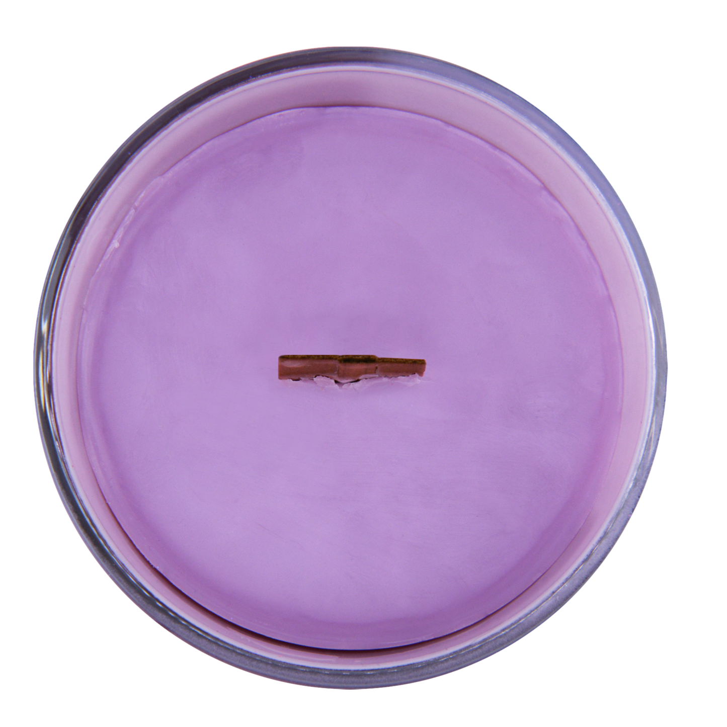 Top view of Alpenglow candle with wood wick—purple refill insert scented with bergamot, iris, and lavender.