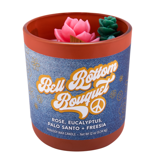 Front view of the Bell Bottom Bouquet candle jar
