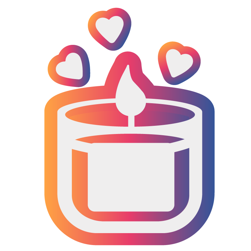 White icon of a lit candle and hearts with a rainbow gradient outline