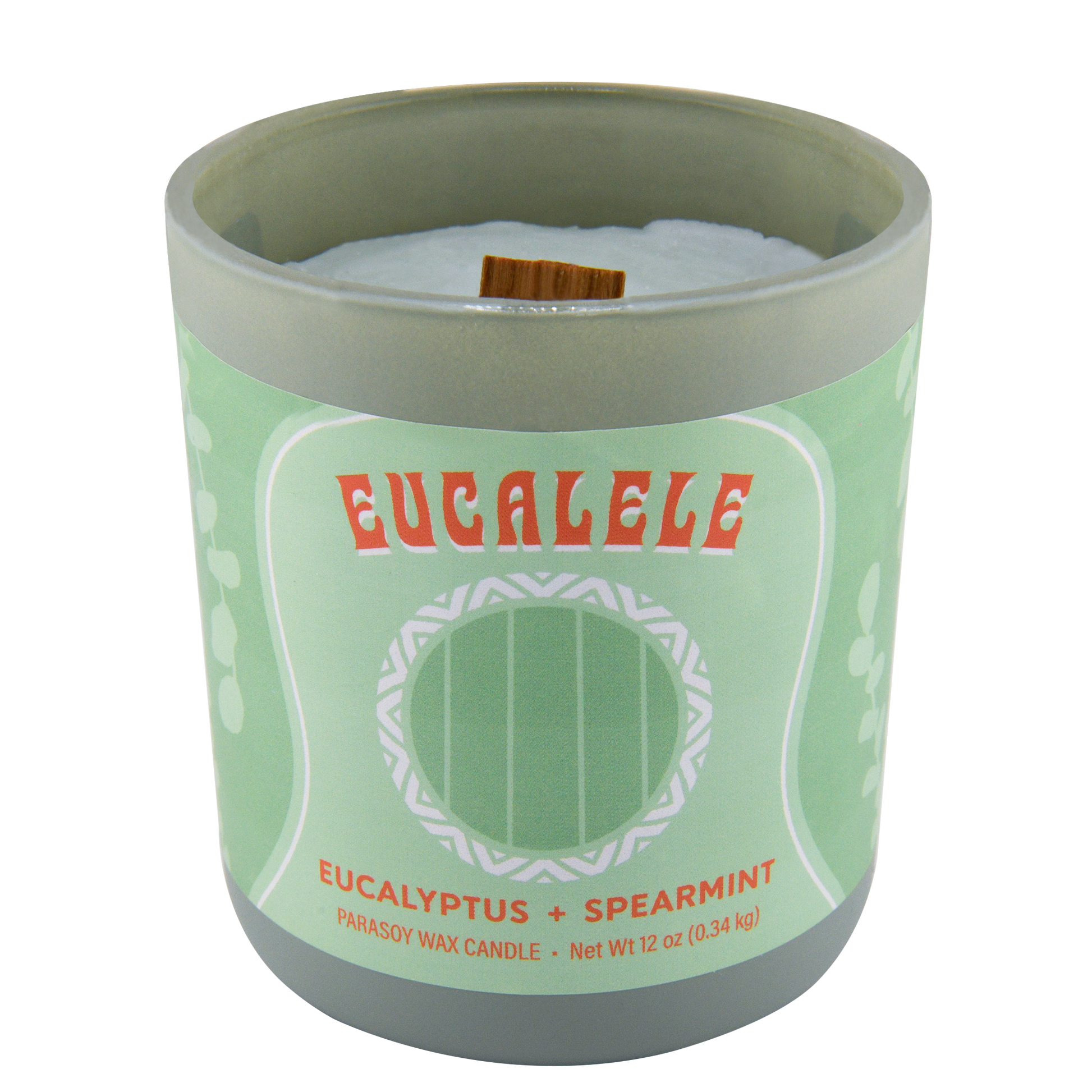 A candle with a label that reads 'EUCALELE Eucalyptus + Spearmint PARAFFIN WAX CANDLE', with a wood wick and a green and white color scheme.