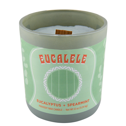 A candle with a label that reads 'EUCALELE Eucalyptus + Spearmint PARAFFIN WAX CANDLE', with a wood wick and a green and white color scheme.