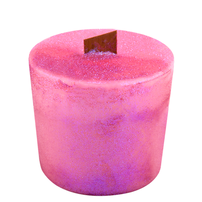 Body view of 1969 Far Out wick slip—pink and glitter refill insert scented with rich amber noir