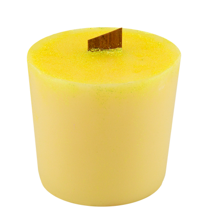 Side view of Grass Skirt wick slip—yellow and glitter refill insert scented with lemon grass essential oil