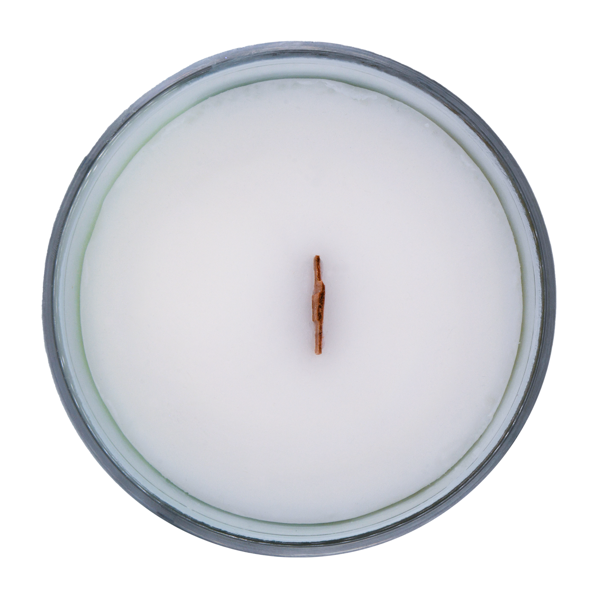 Top view of a scented candle in an iridescent jar with a wooden wick labeled "North Shore" with notes of teakwood and jasmine.