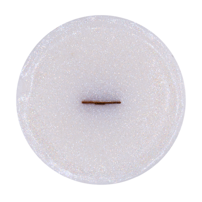 Top view of Psychedelicate wick slip—white and glitter refill insert scented with white musk, spiced vanilla, and sandalwood