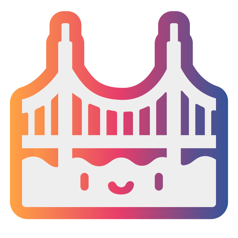 White icon of the San Francisco Golden Gate bridge with a rainbow gradient outline