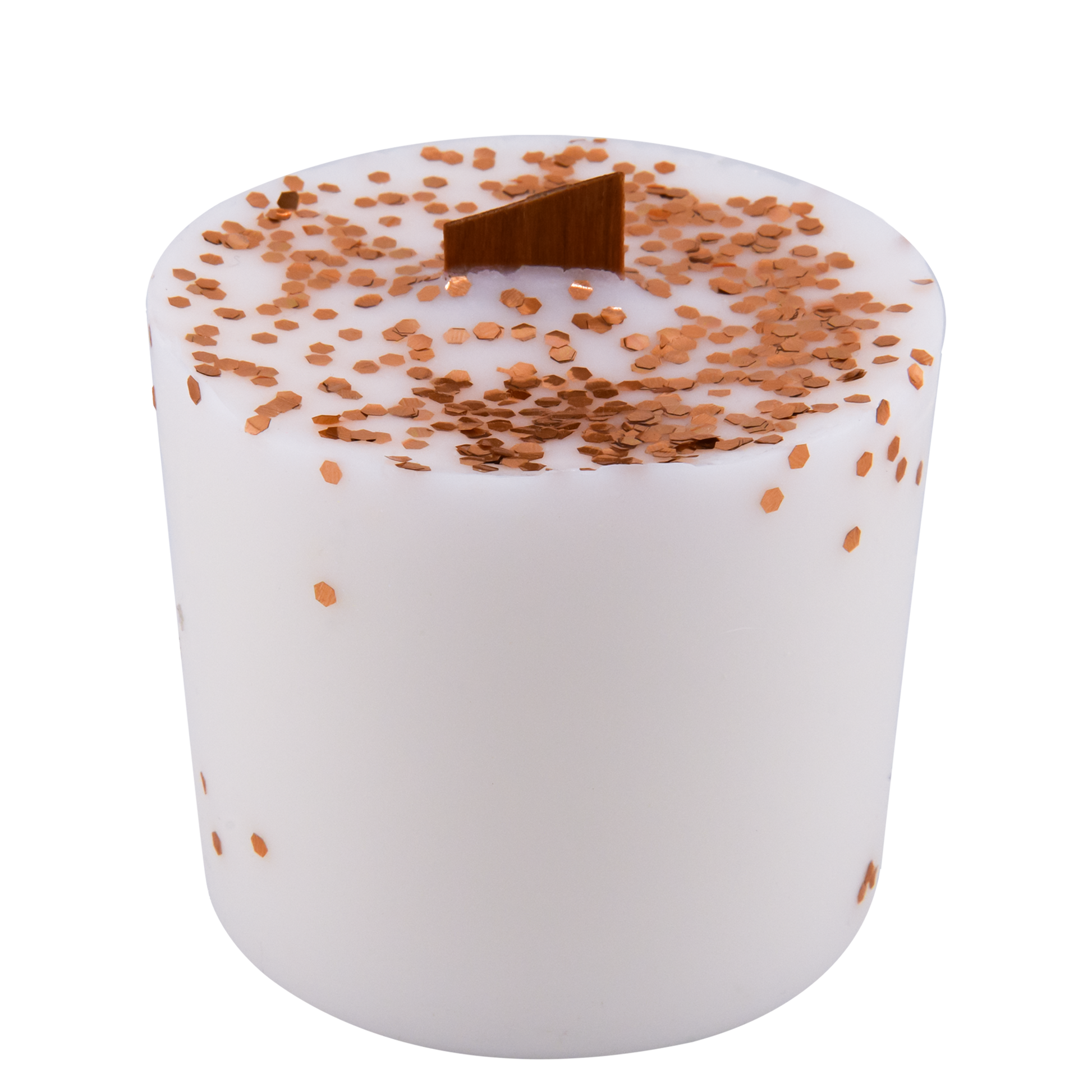 Body view of San Clemente Summertime wick slip—white and copper refill insert scented with vanilla, coconut and sugar.