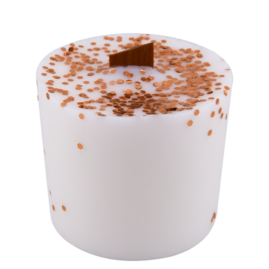 Body view of San Clemente Summertime wick slip—white and copper refill insert scented with vanilla, coconut and sugar.